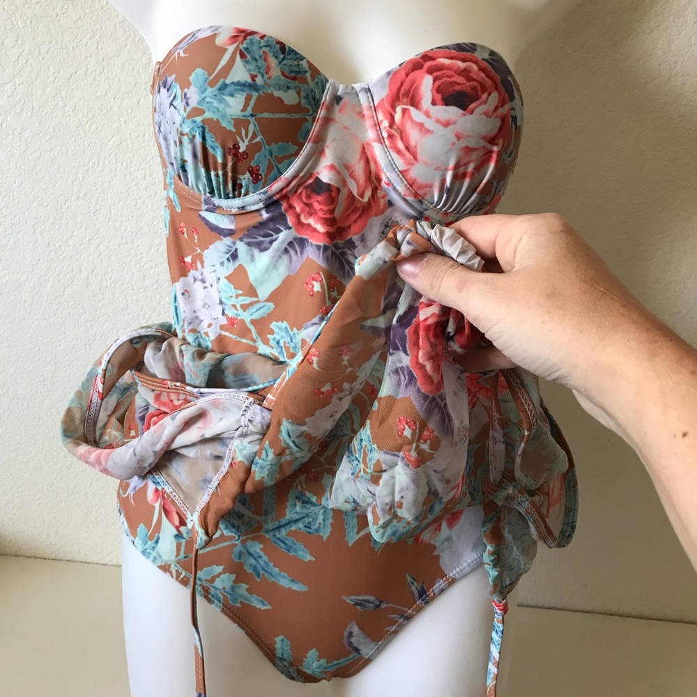 Tan Flower Monokini Padded Bra One-Piece Swimsuit - Picture 4 of 8